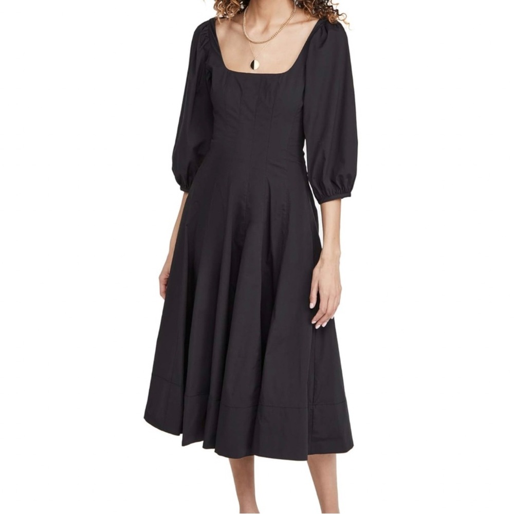 STAUD Swells Puff Sleeve Midi Dress Black